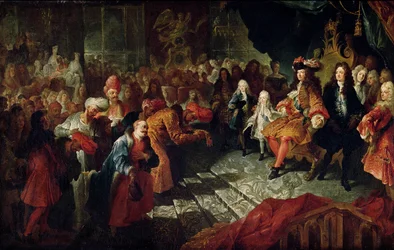 Ludvík XIV. (1638-1715) přijímá perského velvyslance Mohammeda Rezu Bega v Galerii des Glaces ve Versailles, 19. února 1715